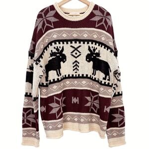 Idea Series Fair Isle Moose Sweater Women's Medium‎ Burgundy Cream Nordic Knit